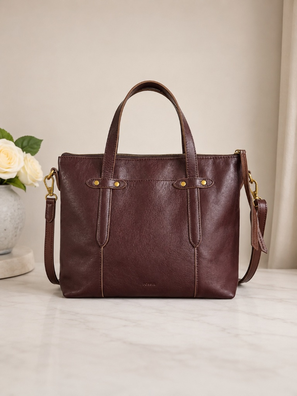 Fossil Felicity Bordeaux  Leather Satchel Tote Bag Purse
